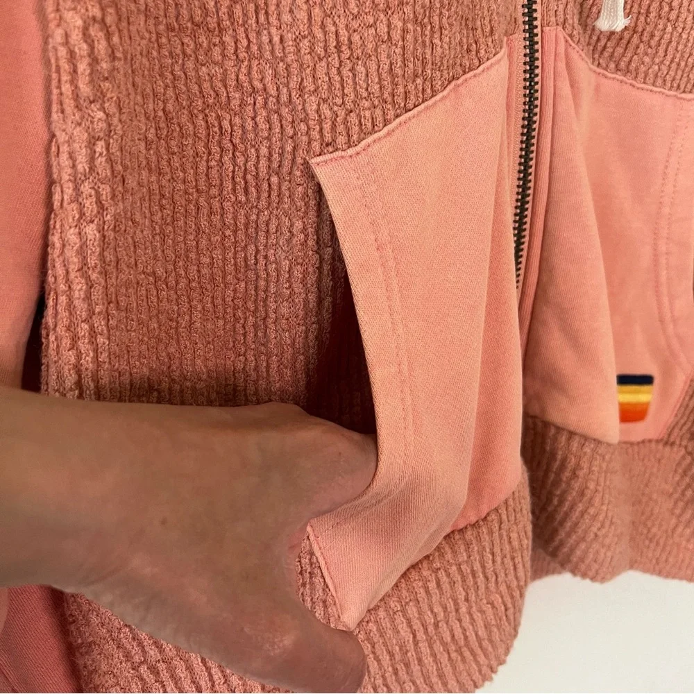 POL NWT Boho Granny Square Crochet Oversized Zip Hoodie L Vintage Wash Peach - Picture 10 of 16